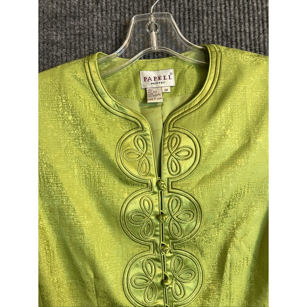 Adrianna Papell Blazer Jacket Womens 10 Petite Green Silk Evening Luxury Preppy - Picture 3 of 9